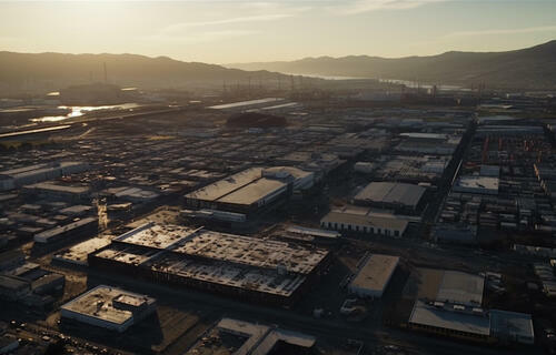 City skyline at dusk, traffic congested below generated by AI